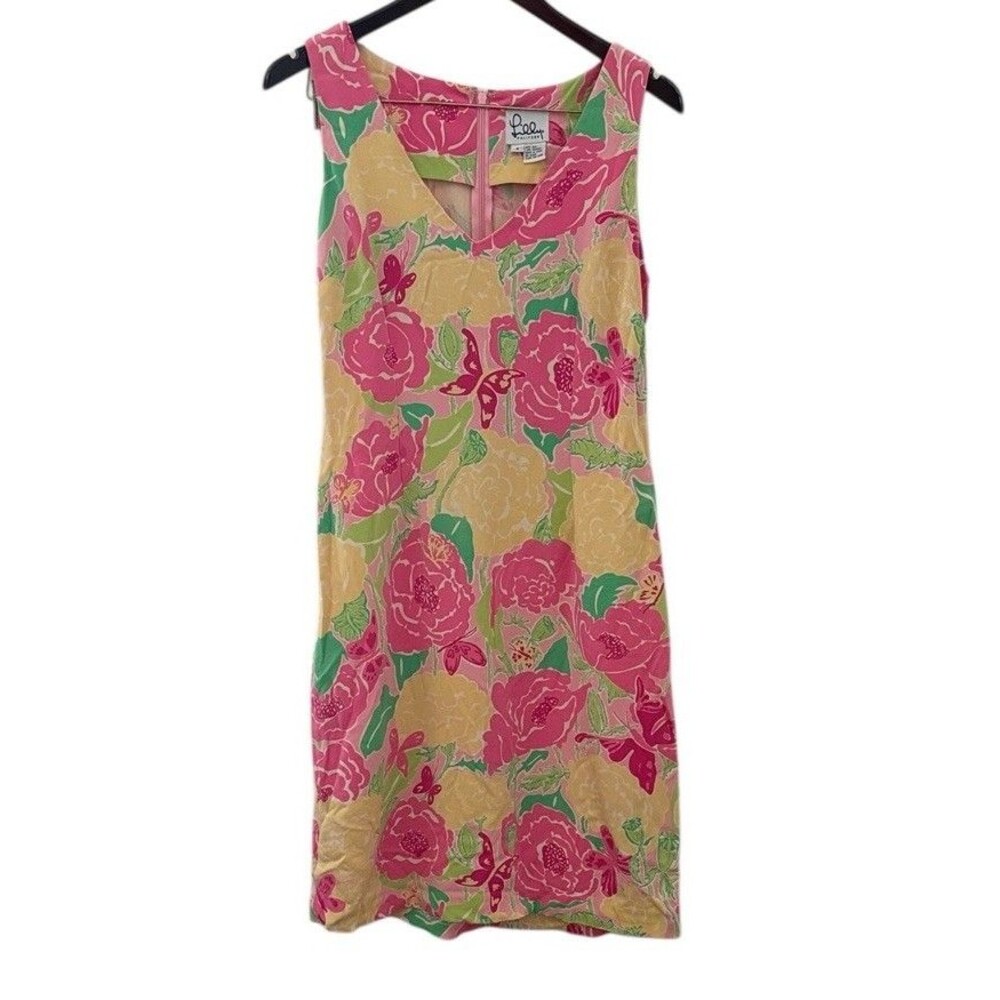 Vintage Lilly Pulitzer pink yellow green floral silk shift dress sleeveless